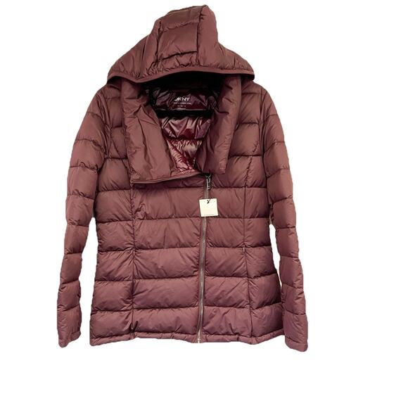 NWT Ladies DKNY Maroon Asymmetrical Hooded Down Puffer Coat Size M - Picture 1 of 8